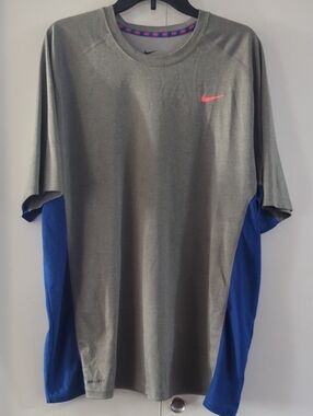 Nike Training Tee — Gray with Blue Panels and Orange Swoosh